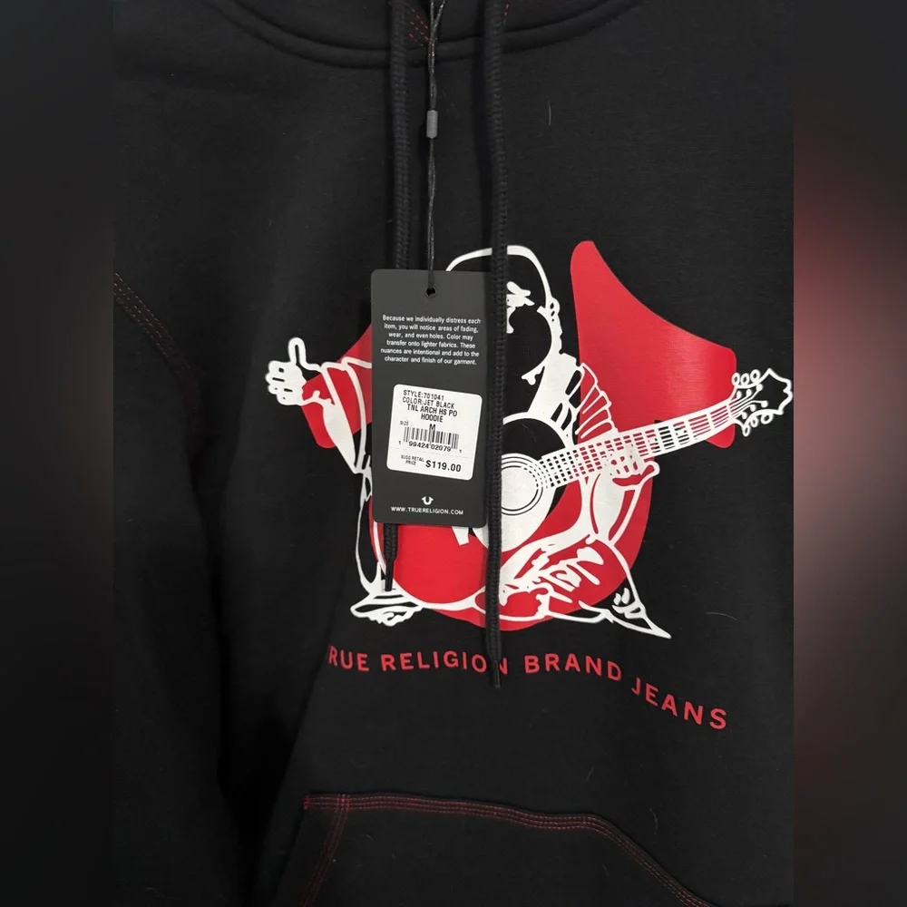 True Religion Arch Logo Black Buddha Hoodie‎ with Red and White Graphic Sz:M NWT